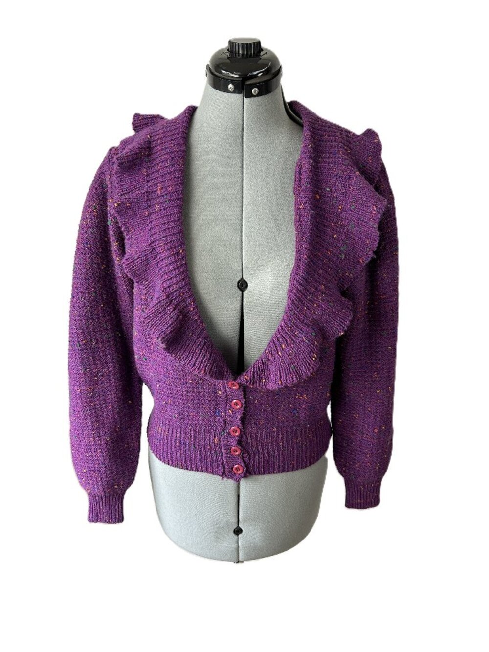 Vintage 80's Deep V Ruffled Purple Cardigan Sweater M Wool Blend